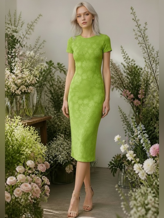 Heart & Hips Dresses & Skirts - Heart & Hips JACQUARD KNIT FLOWER PATTERN MIDI DRESS Aloe Gel Green NWT
